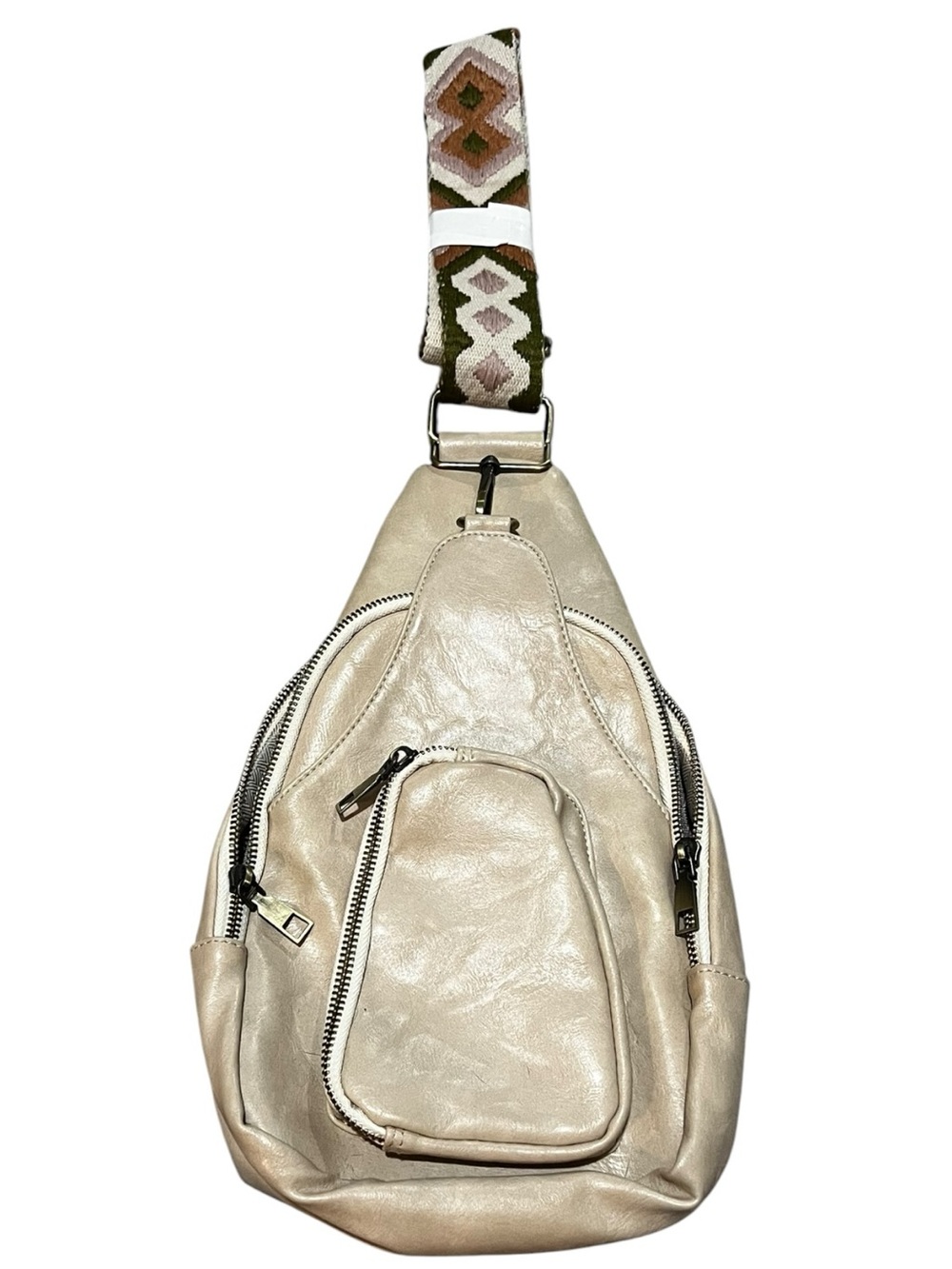 Cream Multi-Zip Crossbody Sling Bag with Patterned Strap NWOT